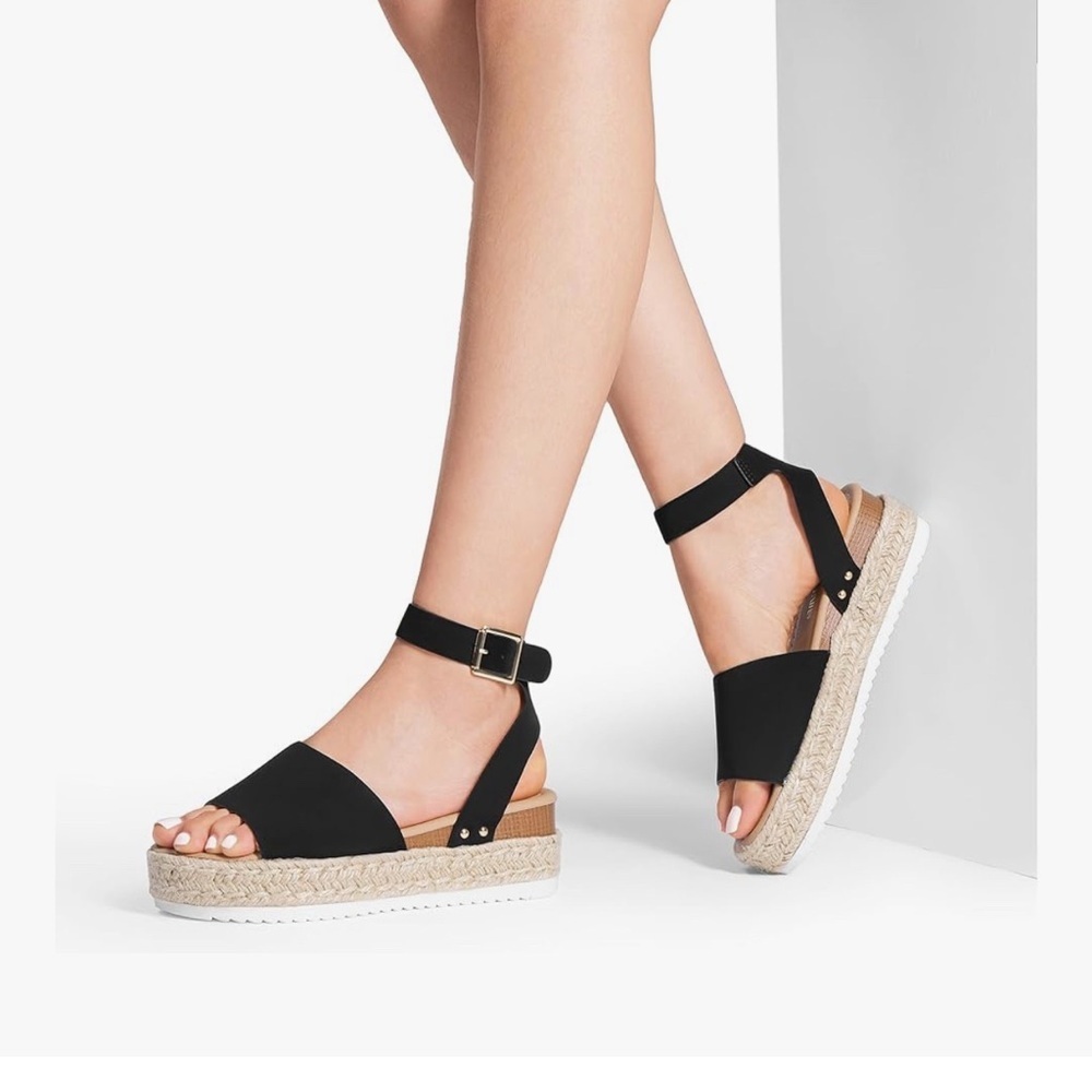 Dream Pairs Black Faux Suede Espadrille Platform Wedge Sandals Size 10 SDPW2359W